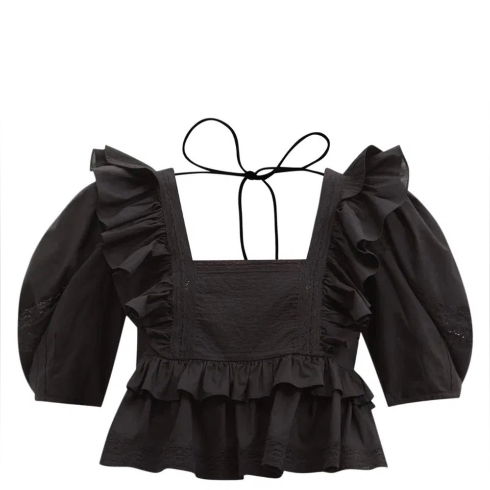 RHODE Black Ruffled Square-Neck Blouse